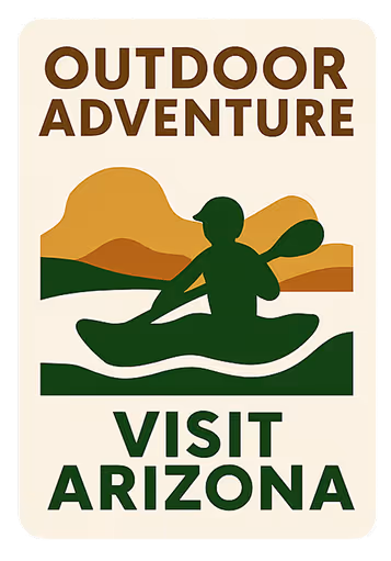 Vintage travel poster of kayaker in Arizona's mountainous landscape